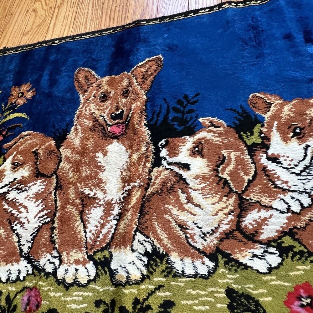 Vtg Velvet Tapestry Welsh Corgi Puppies Wall Hanging Pink Blue 36" Mother Blue